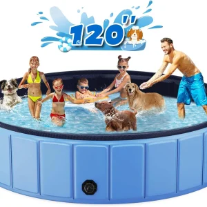 Foldable Dog Swimming Pool, 120"x20" Oversize Collapsable Hard Plastic Potable Bathing Tub for Pet Dog Kiddie Pool Indoor and Outdoor Leakproof PVC Play Pool for Large Dogs Pets Puppy Kids Blue