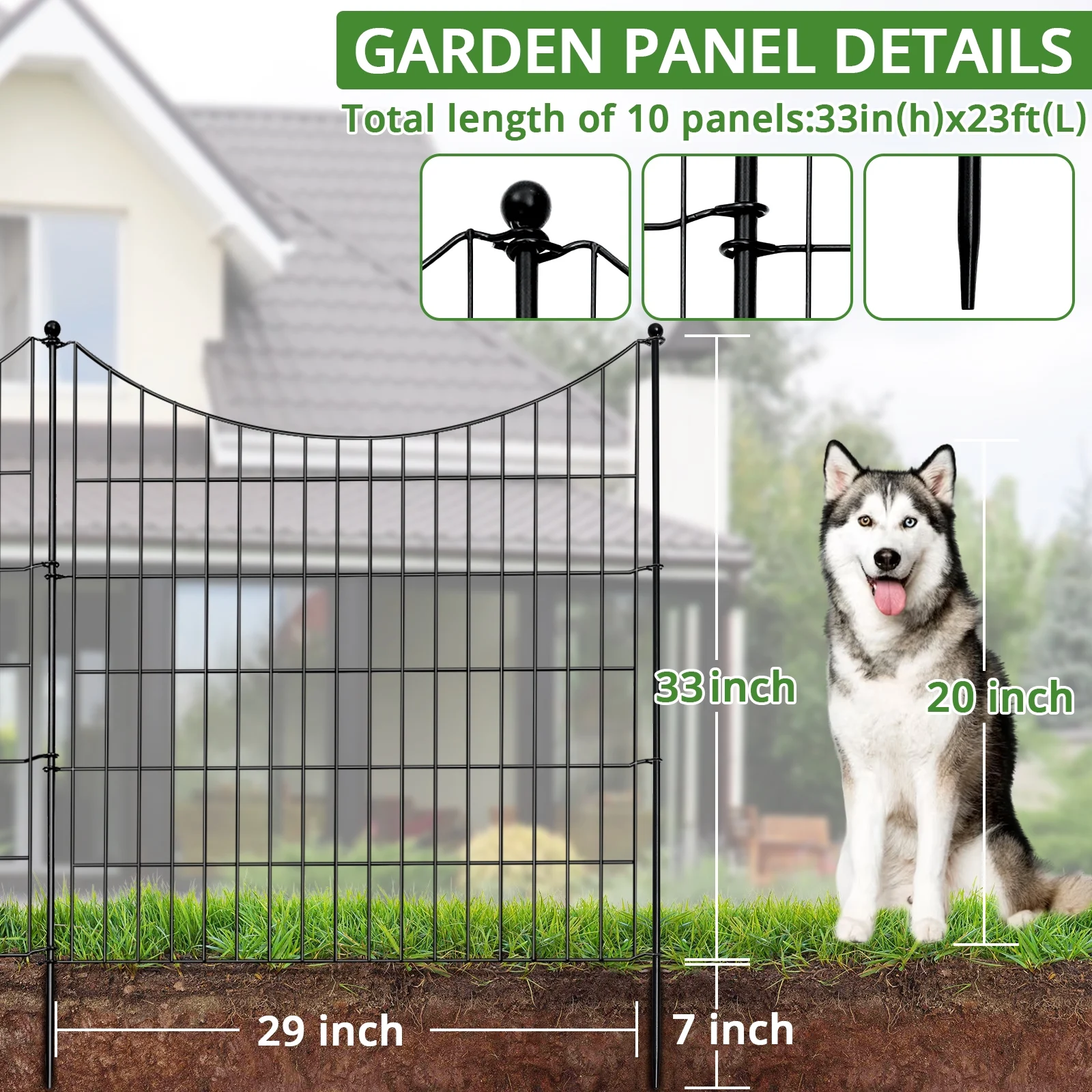 BSHAPPLUS® Garden Fence 10 Pack ,33in (H) x 24ft (L) Metal Fence,Rustproof Decorative Fence,Animal Wire Fence,Wrought Iron Fence, Outdoor Picket Fencing No-Dig for Yard, Lawn and Patio Borders