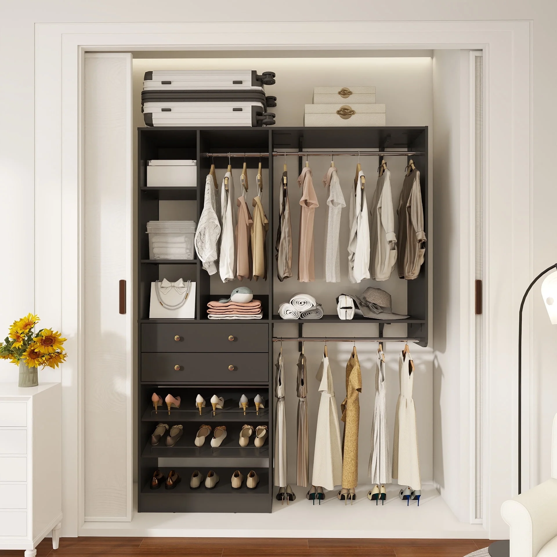 iSunirm 5FT Closet System with Drawers,5FT Closet System with Drawers, 60" Closet Organizer System with 2 Hanging Shelving Perfect Storage Solution for Organizing Your Closet