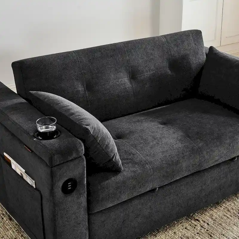 54 Pull-Out Sleeper Sofa Bed, 2 Seat Recliner Sofa Bed with Storage, Lumbar Pillow, USB Power Outlet