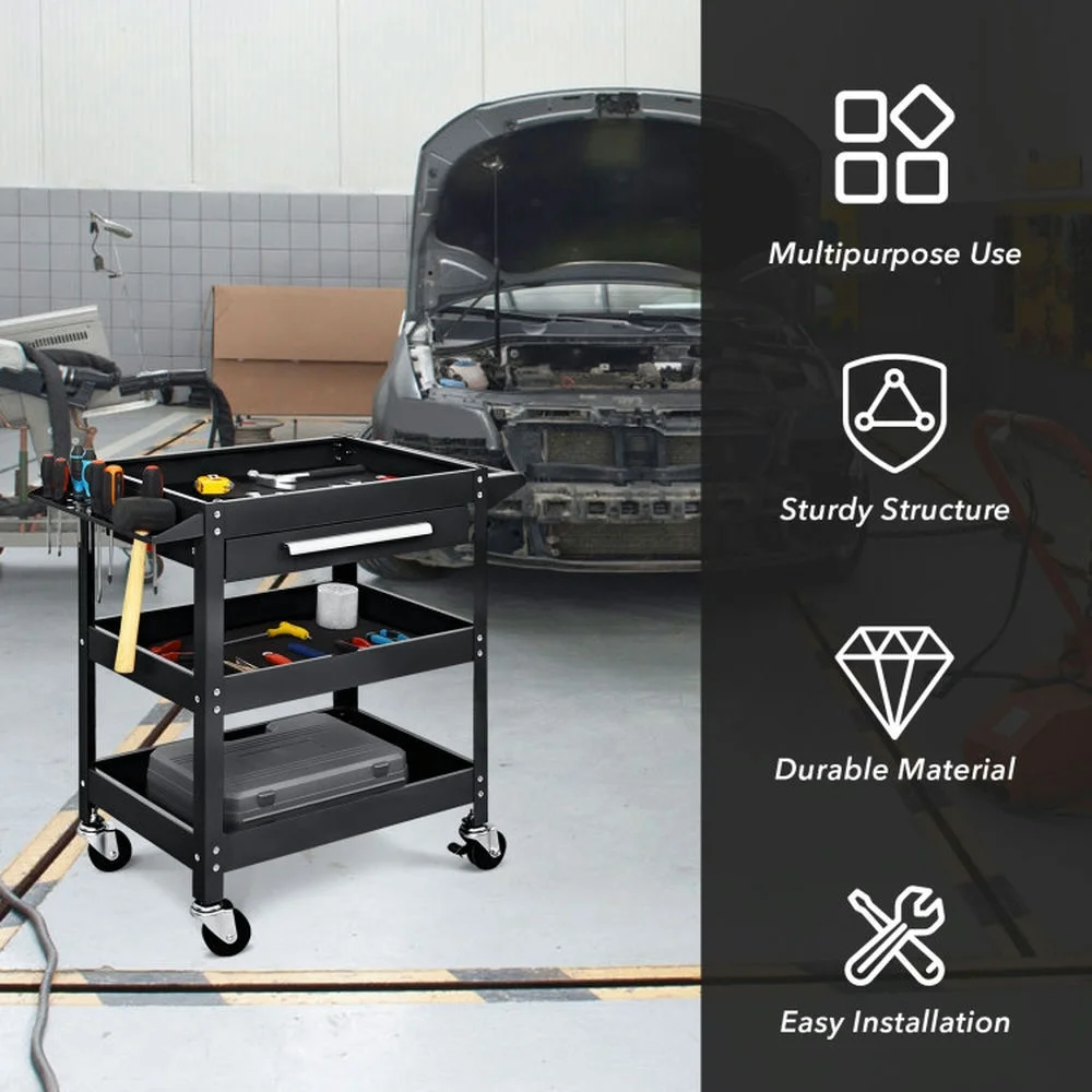 Spaco Rolling Tool Cart Mechanic Cabinet Storage ToolBox Organizer with Drawer-Black, Utility Cart on Wheels for Warehouse Garage Cleaning Office