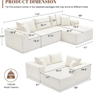 110 Cloud Sectional Couch, Boneless Sofa for Living Room Modular Sectional Sofa with Deep Seat