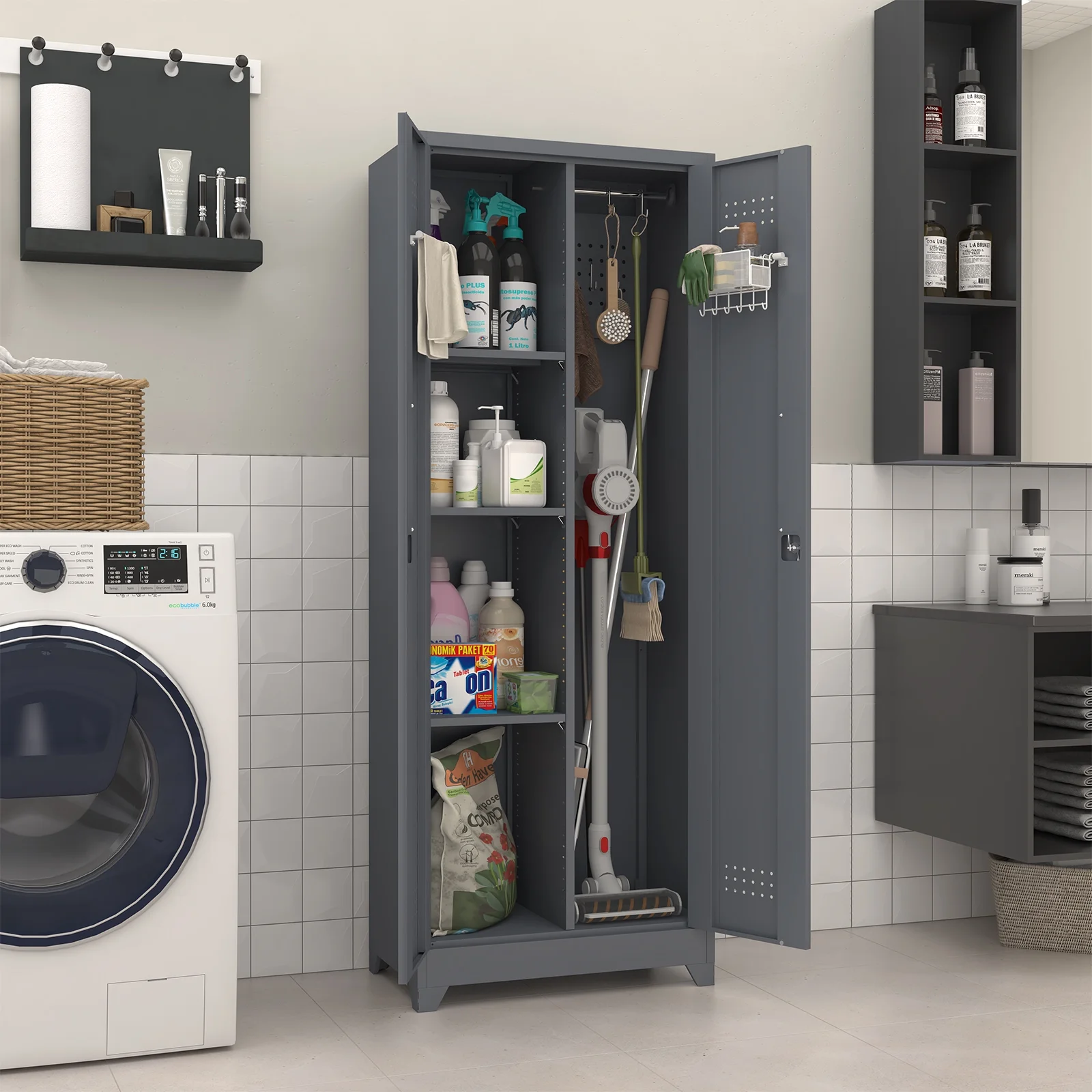 Marcree Broom Closet Storage Cabinet,Cleaning Supply Storage Cabinet,Metal Cleaning Closet Cabinet with Adjustable Shelves for Laundry Room Basement