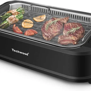 Indoor Grill, Techwood 1500W Smokeless Electric Grill with Tempered Glass Lid, Compact & Portable Non-Stick BBQ Grill with 6-Level Control, Dishwasher Safe, Black