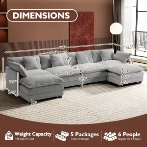 Ihanherry 146" U-Shaped Modern Sofa Modular Sectional Cloud Couch with 2 Ottoman, 6-Seat Chenille Deep Seat Sofa with 6 Pillows for Living Room, Bedroom and Apartment, Grey