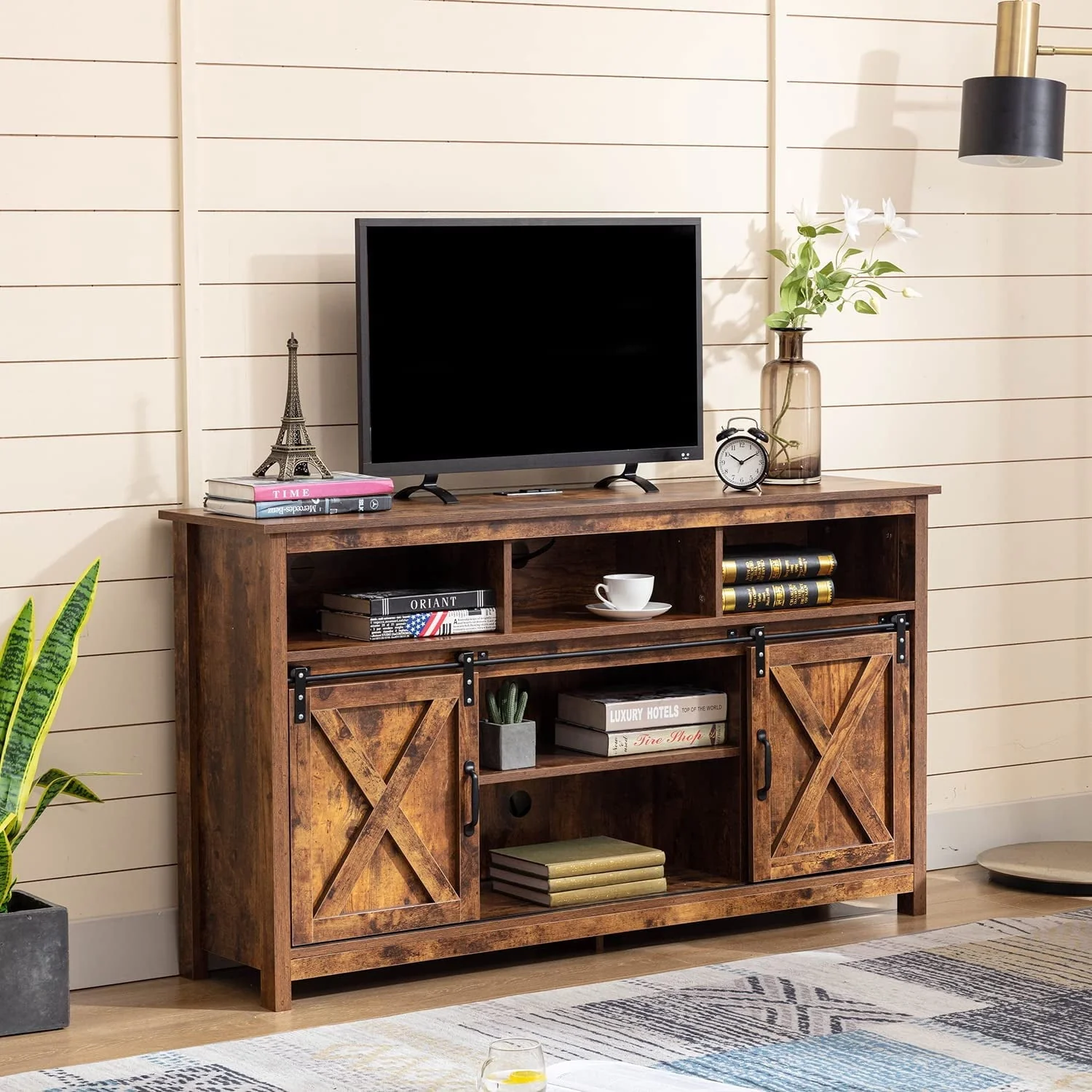 4 Layer Farmhouse Coffee Bar Cabinet With Power Outlet & LED Light, 57" Barn Door Buffet Cabinet Kitchen Storage With Adjustable Shelves(Brown)