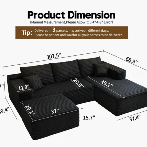 107.5" Cloud Modular Sectional Sofa Couch with L-Shape Chaise,Modern Minimalist Upholstered Couches for Living Room Bedroom,Deep Seat Corner Couch .No Assembly Required (Black,Left Facing Chaise)