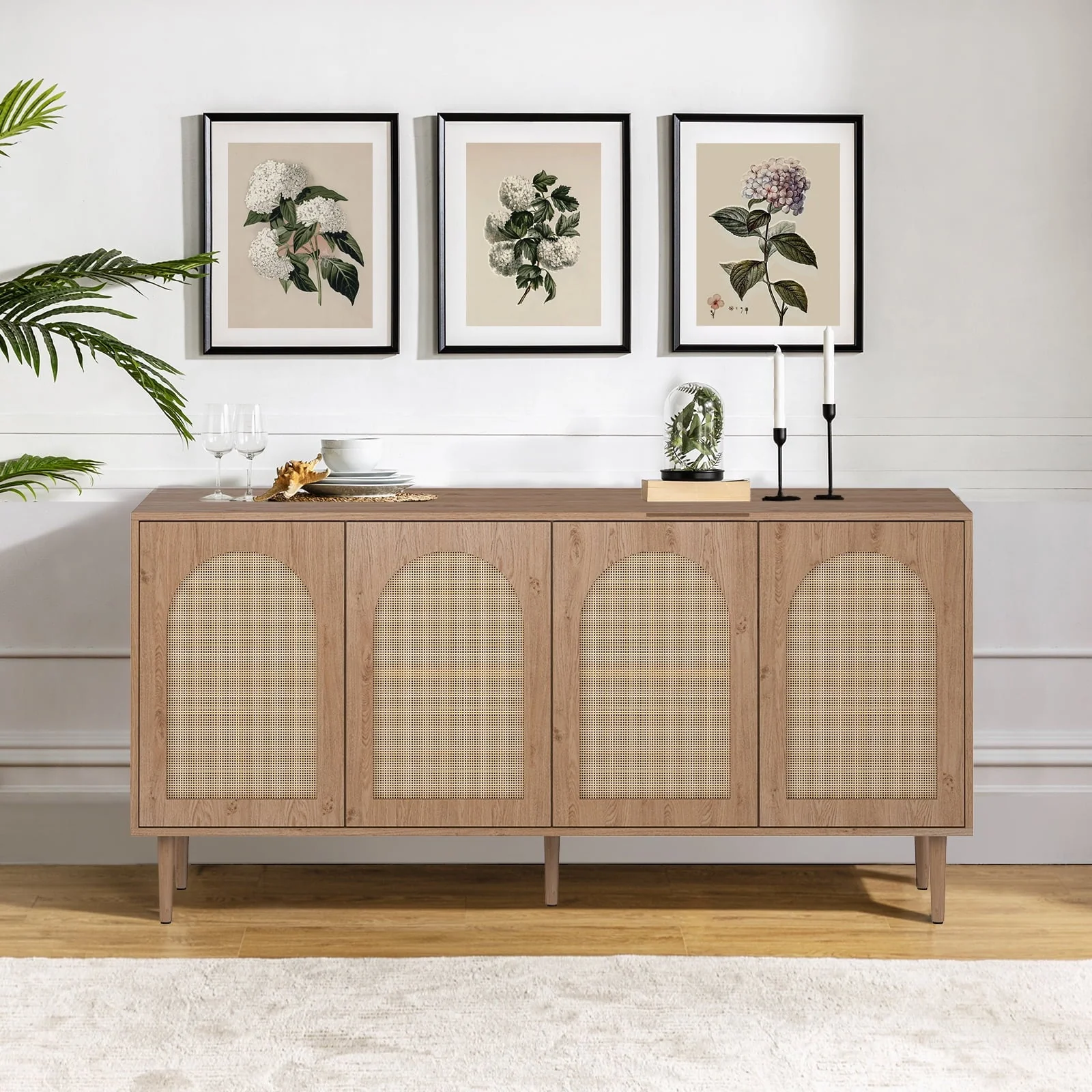 14 Karat Home 63" Wooden Sideboard 4 Doors Kitchen Storage Rattan Cabinet Living Room Adult Black