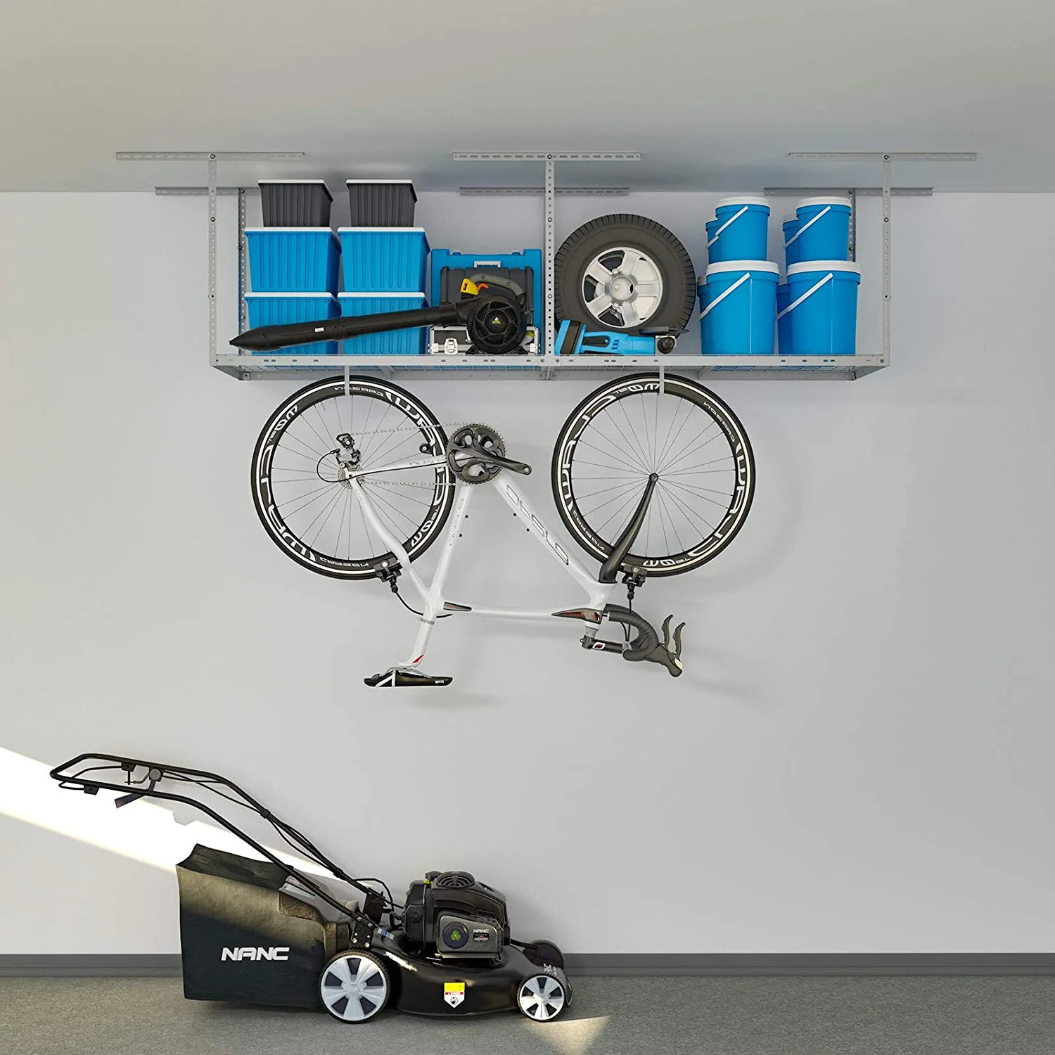 2ftx8ft Overhead Garage Storage Rack, Heavy-Duty Metal Garage Ceiling Storage Rack, 22''-40" Adjustable Ceiling Drop-Down, 400 lb. Loading Weight Capacity, White
