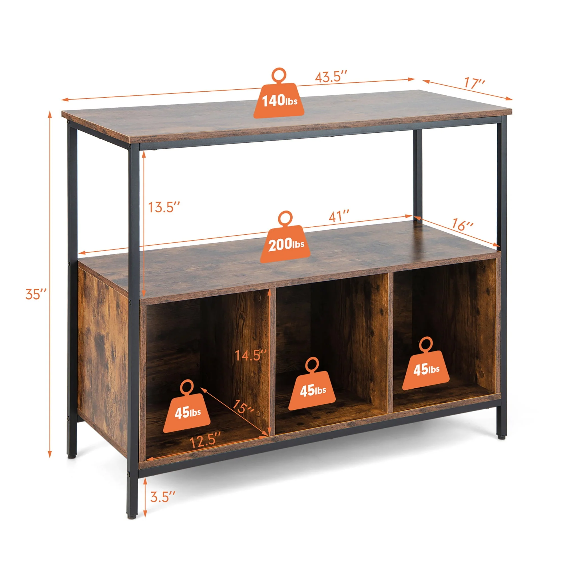 Costway Buffet Sideboard Kitchen Storage Cabinet Open Shelf w/ 3 Compartments Rustic