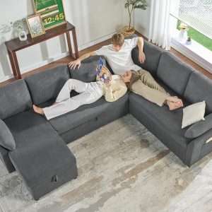 VanAcc Sofa Bed, Sleeper Sofa with Storage Chaise 2 in 1 Pull Out Couch Living Room