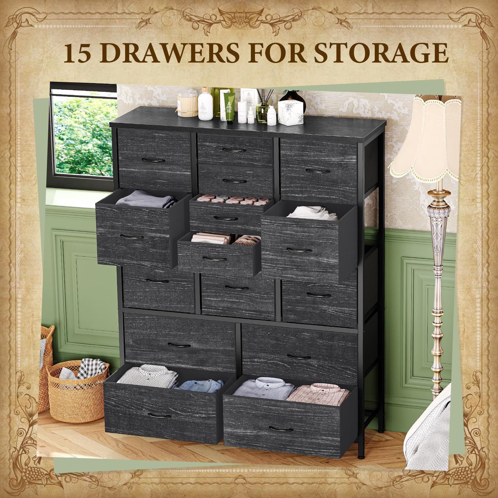Garvee 15 Drawers Dresser for Bedroom Tall Chest of Drawers, Metal Frame & Wood Top Storage Organizer Cabinet with Fabric Drawers for Living Room, Entryway, Hallway, Closet, White