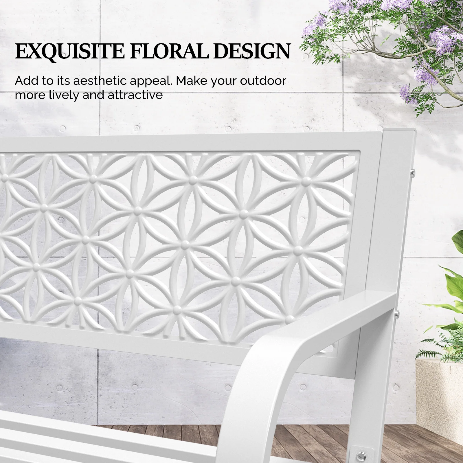 Ktaxon Outdoor Bench, Mental Bench with Floral Back, 2-Person Garden Bench for Outside Yard Patio Entryway Park Porch, 800LBS, White