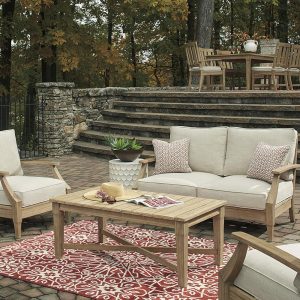 Signature Design by Ashley Clare View Coastal Outdoor Patio Eucalyptus Sofa with Cushions, Beige