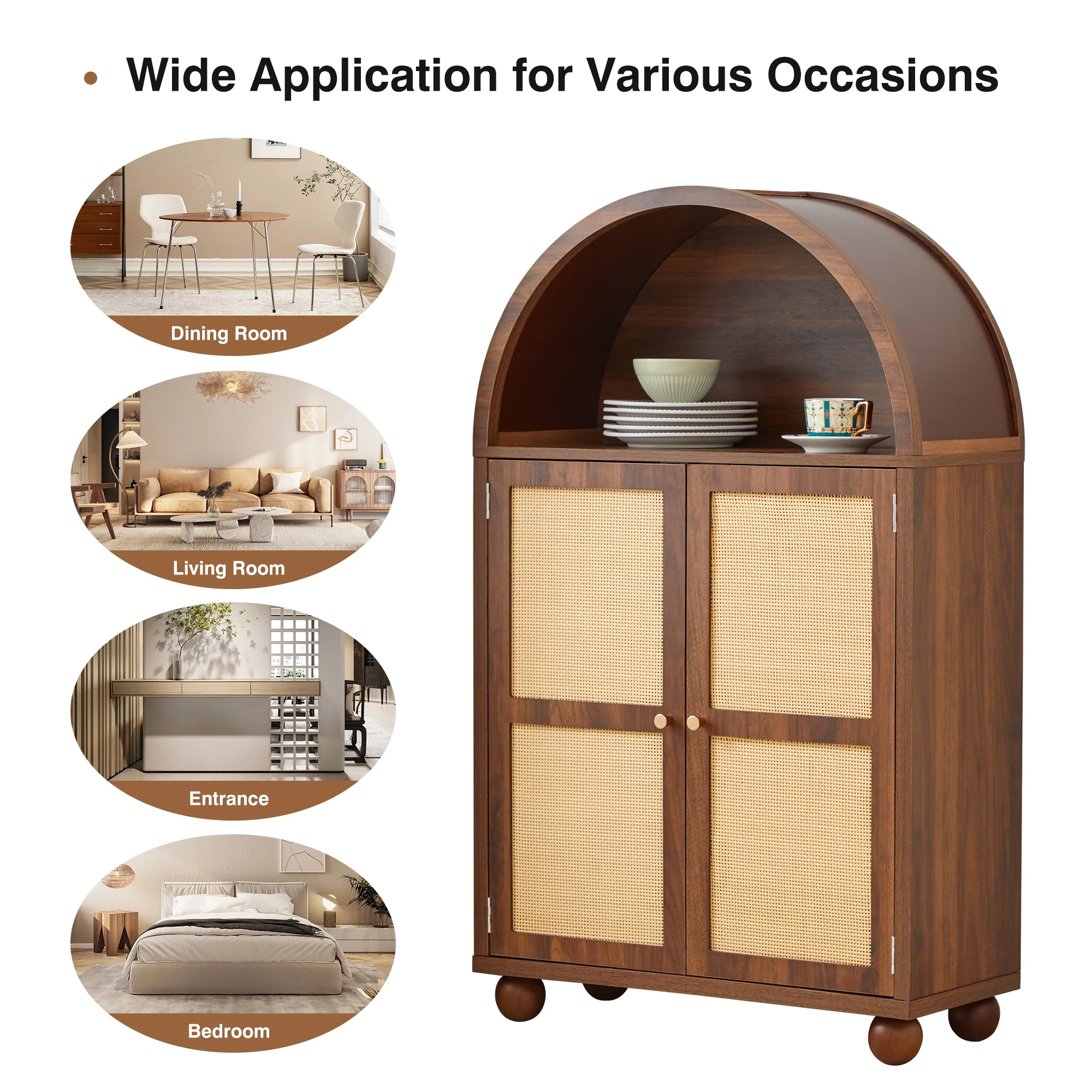 Wirrytor Arched Kitchen Storage Cabinet, Sideboard Buffet Cabinet with 2-Tier and 2 Doors, Black Sideboard, Kitchen Pantry Cabinet, Wooden Storage Cabinet for Living Room