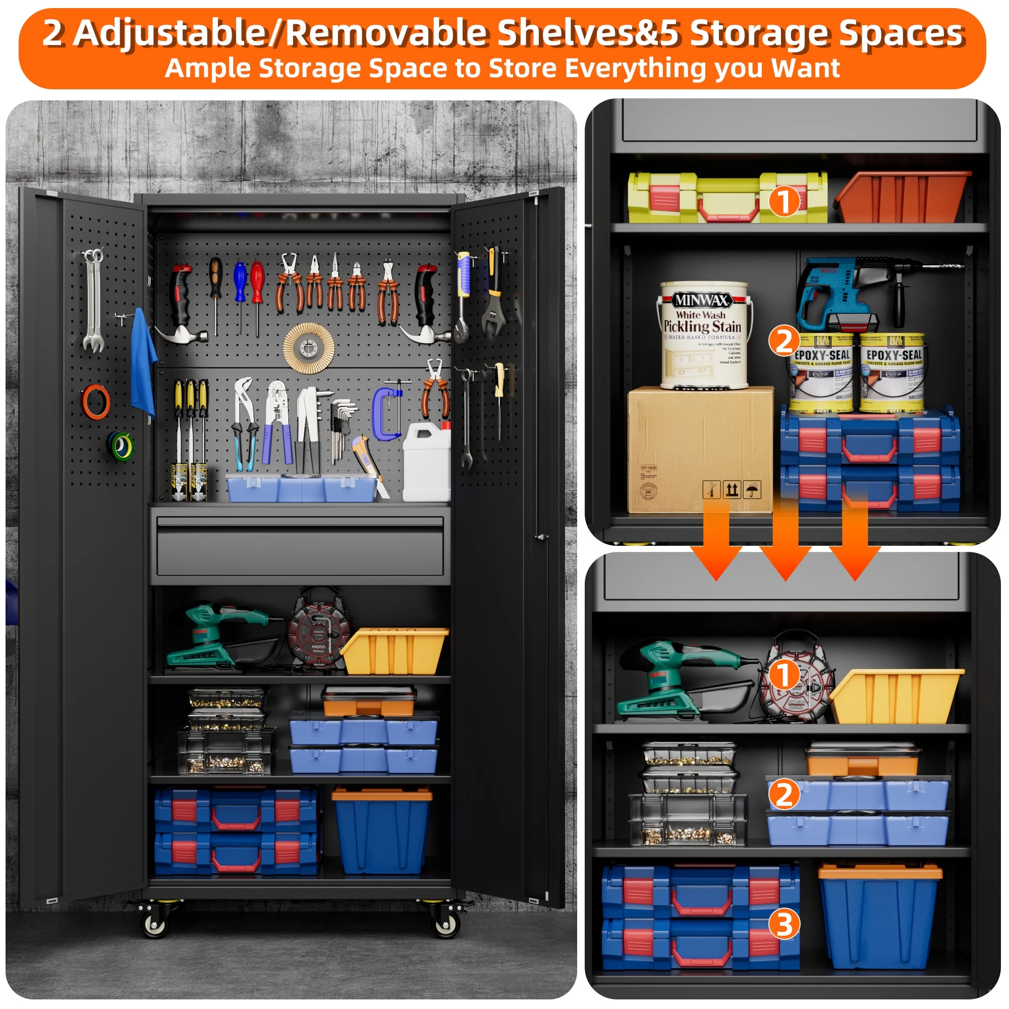 GangMei 71-Inch Metal Lockable Storage Cabinet with Pegboards and 5 adjustable shelves, White, Assembly Required
