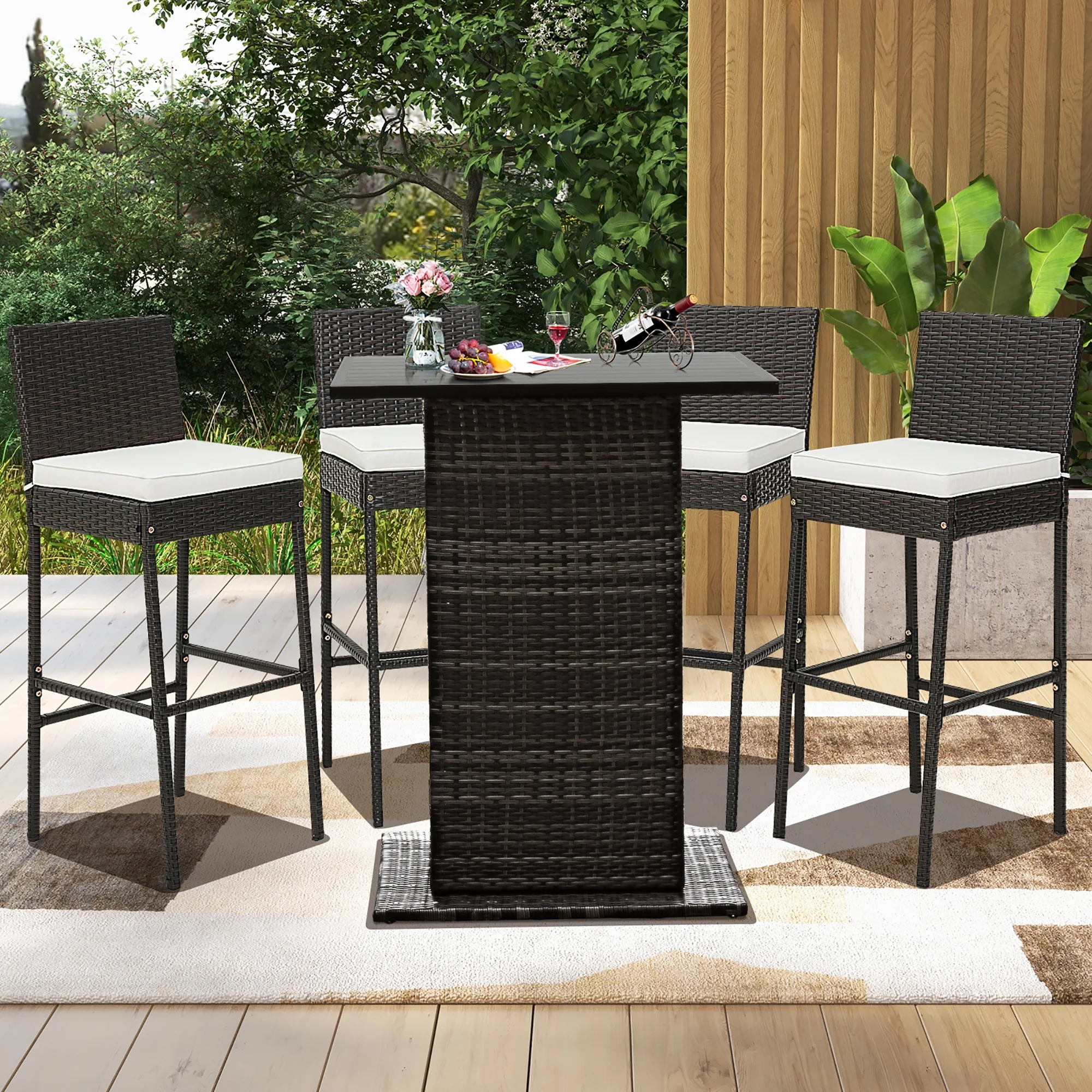 Costway 4 PCS Patio Wicker Barstools Bar Height Chairs with Cushions Backyard Off White