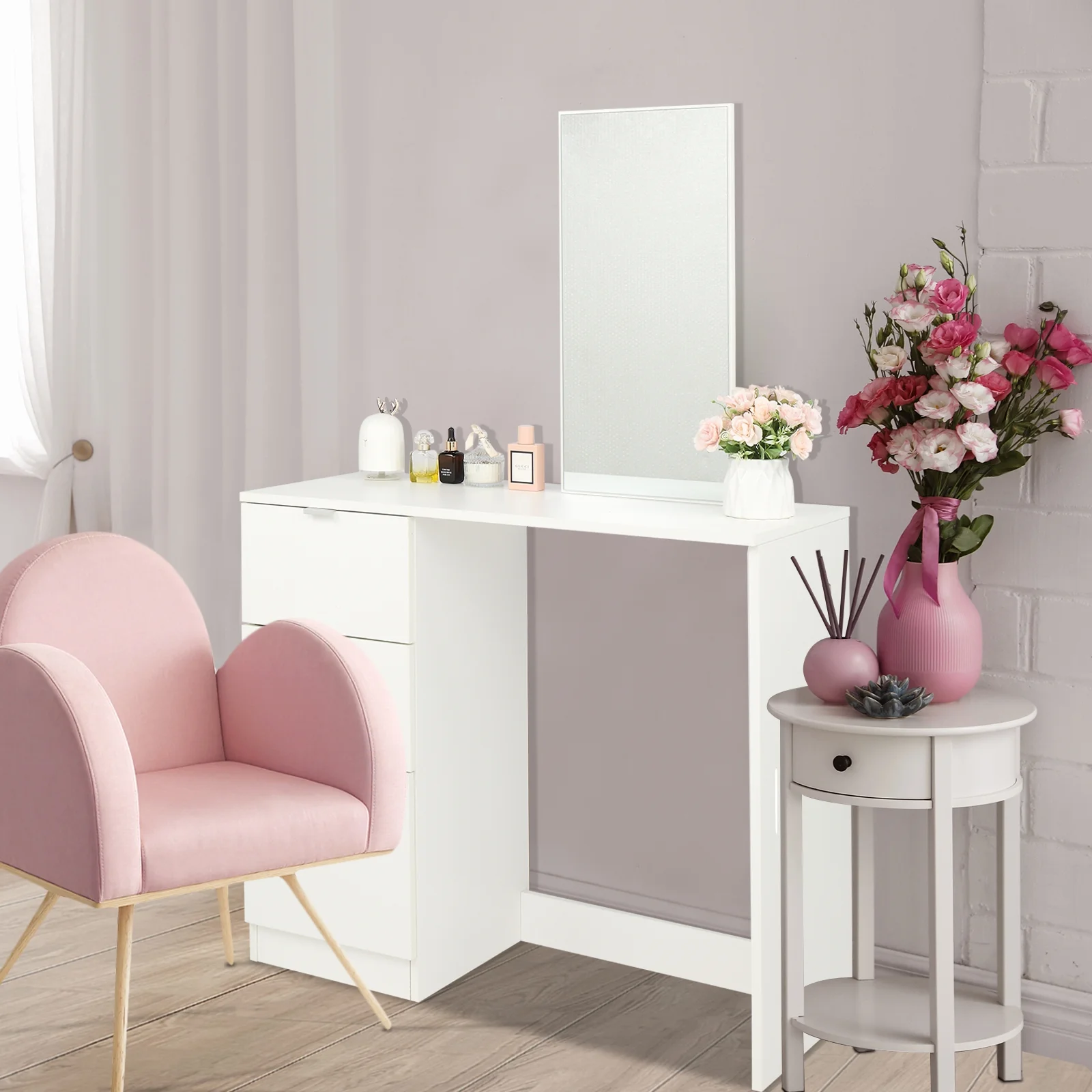 Ktaxon Vanity Set with 3 Color Lighted Mirror, Makeup Table with 6 Drawers, Dressing Table Makeup Desk with Stool, White