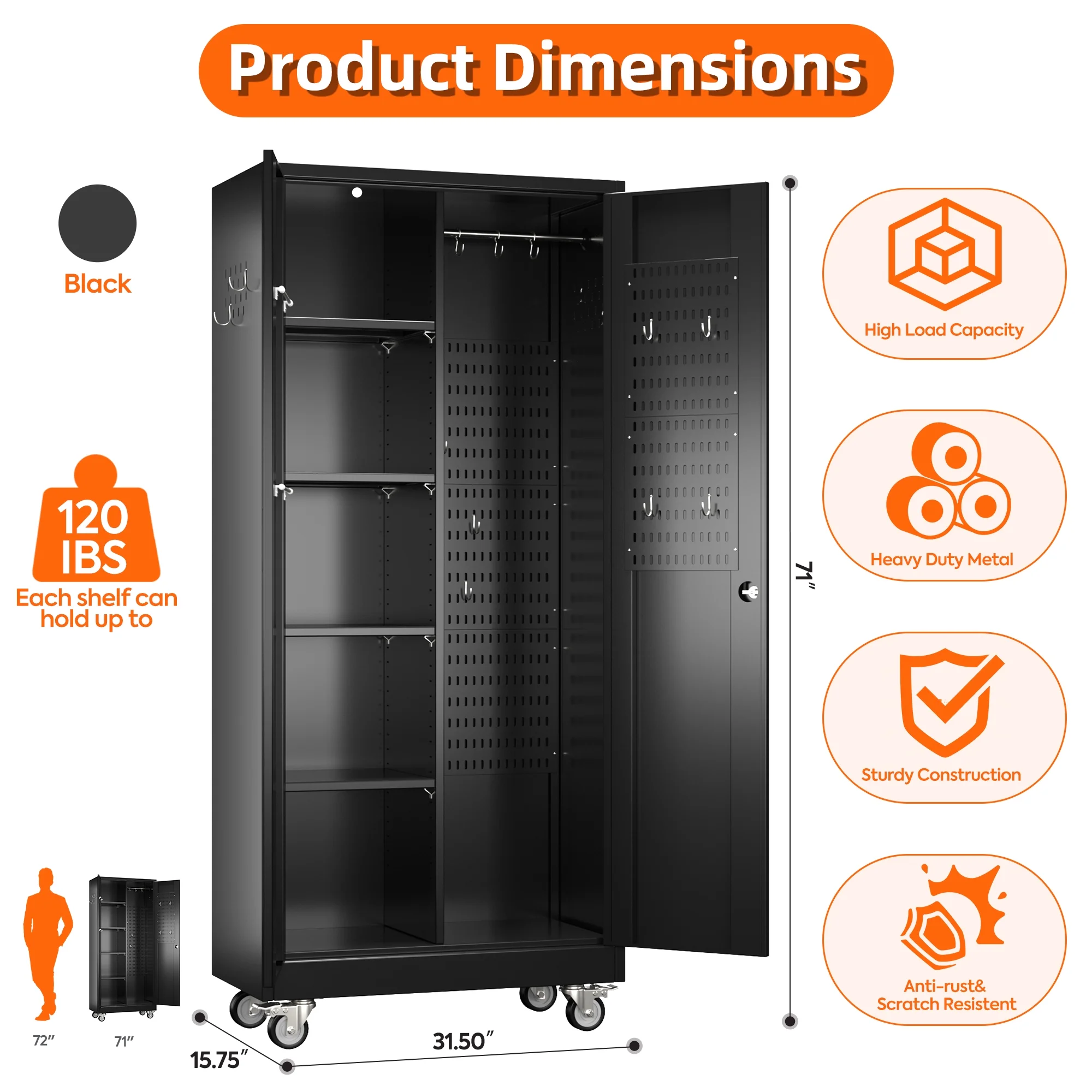 GangMei 71-Inch Metal Lockable Storage Cabinet with Pegboards and 5 adjustable shelves, White, Assembly Required