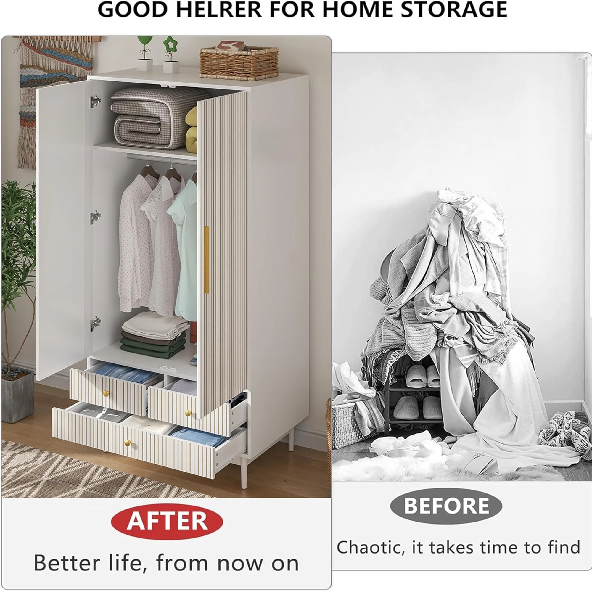 Oubayajia Wardrobe Armoire Closet, 2 Fluted Doors Wardrobe Cabinet with 3-Drawer and Hanging Rod, Wood Wardrobe Storage for Bedroom