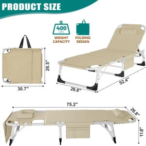 Slsy Folding Lounge Chair, 5-Position Adjustable Outdoor Reclining Chair, Folding Sleeping Bed Cot, Folding Chaise Lounge Chair for Pool Beach Patio Sunbathing
