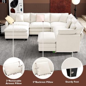 Ihanherry 146" U-Shaped Modern Sofa Modular Sectional Cloud Couch with 2 Ottoman, 6-Seat Chenille Deep Seat Sofa with 6 Pillows for Living Room, Bedroom and Apartment, Grey