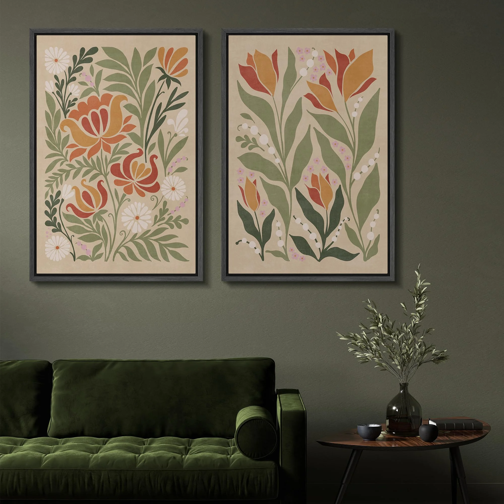 IDEA4WALL Framed Canvas Print Wall Art Set Vintage Floral Classic Botanical Illustration Abstract Garden Flowers Boho Art Modern Wall Decor Colorful Chic Artwork for Home Decor - Natural 24"x36"x2