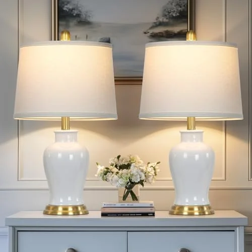 Modern Ceramic Table Lamps Set of 2, 23" White Ceramic Lamps for Living Room, Rustic Farmhouse Bedside Lamp with Ginger Jar Design, Elegant Bedroom Lamp for Nightstand Desk Side End Table Home Decor