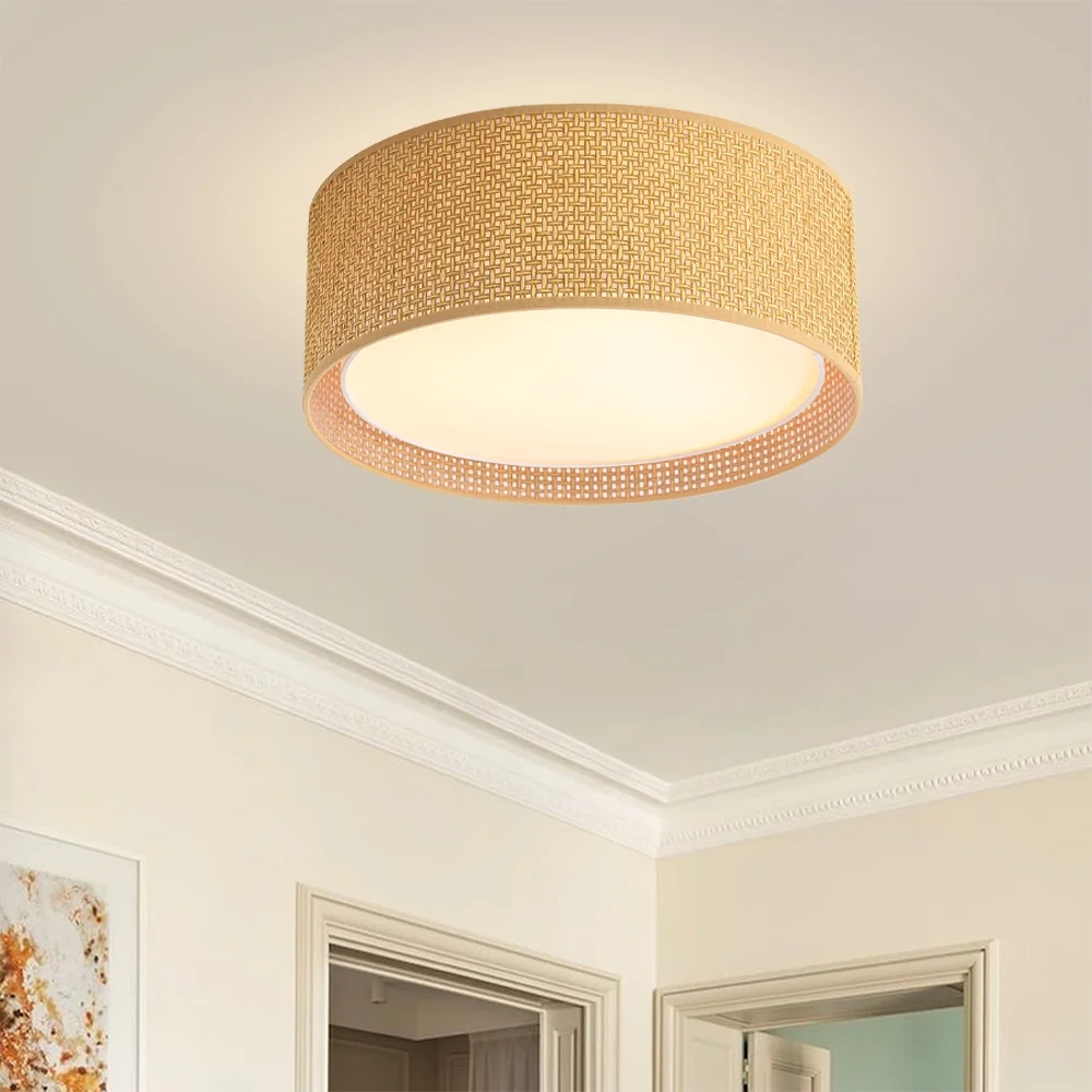 LEDET 15.7 in. Yellow Flush Mount Ceiling Light Rattan Weaving Shade Home Decor Pendant Lighting
