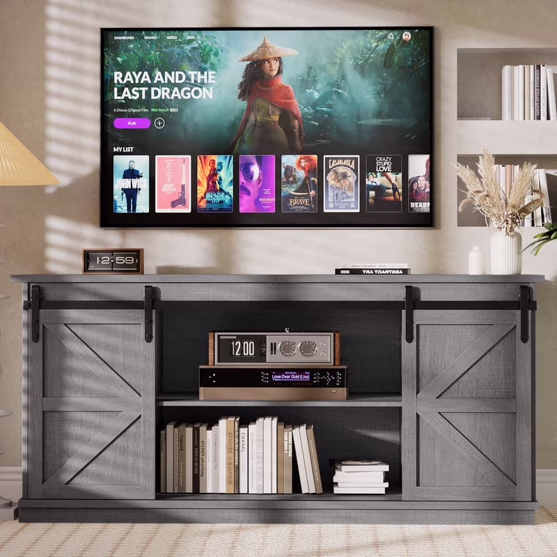 Furmax 65 inch TV Stand Entertainment Center with Sliding Barn Doors and Storage,White