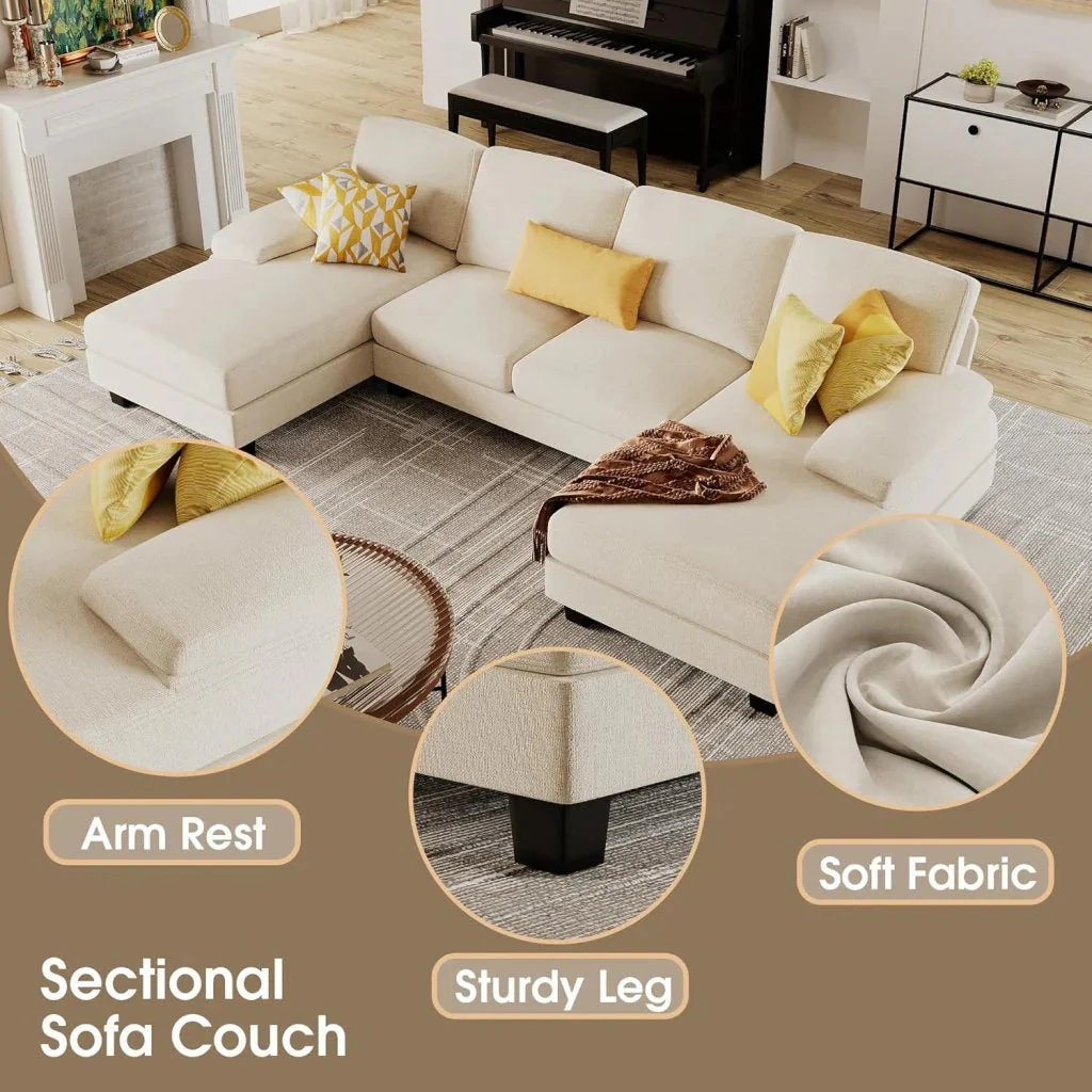 Furmax Sectional Couches for Living Room, U-Shaped Sofa Couch with Linen Fabric, 4 Seat Sofa Set with Double Chaise for Apartment (Fabric, Grey)