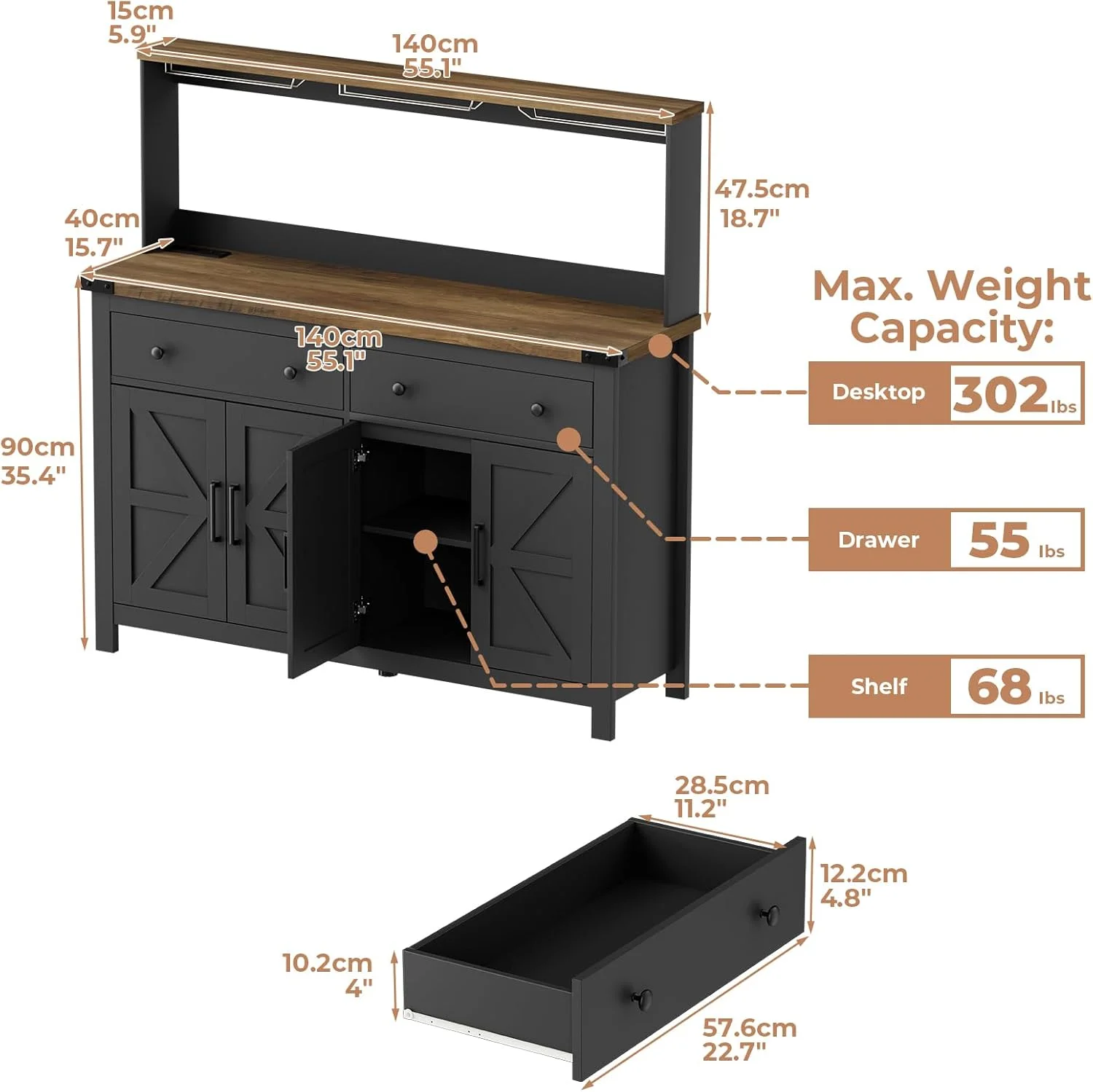 Frmobepts Farmhouse Coffee Bar Cabinet, 60" Tall Bar Cabinet with Drawers & Power Outlet, Sideboard Buffet Cabinet with Storage Barn Door for Kitchen, Dining Room