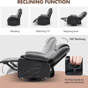 Oversized Swivel Rocker Recliner Chair with Heat and Massage, 360 Degree Swivel Rocking Single Sofa with Cup Holders and USB Port, Large Big Recliner Chair for Living Room (Leather, Brown)