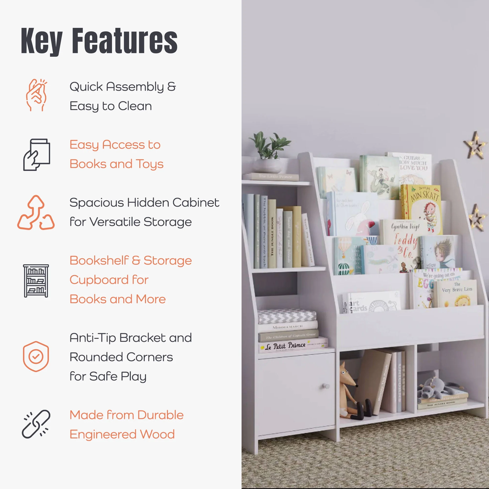 Sturdis Kids Toy Storage Organizer With Bookshelf and White Bins
