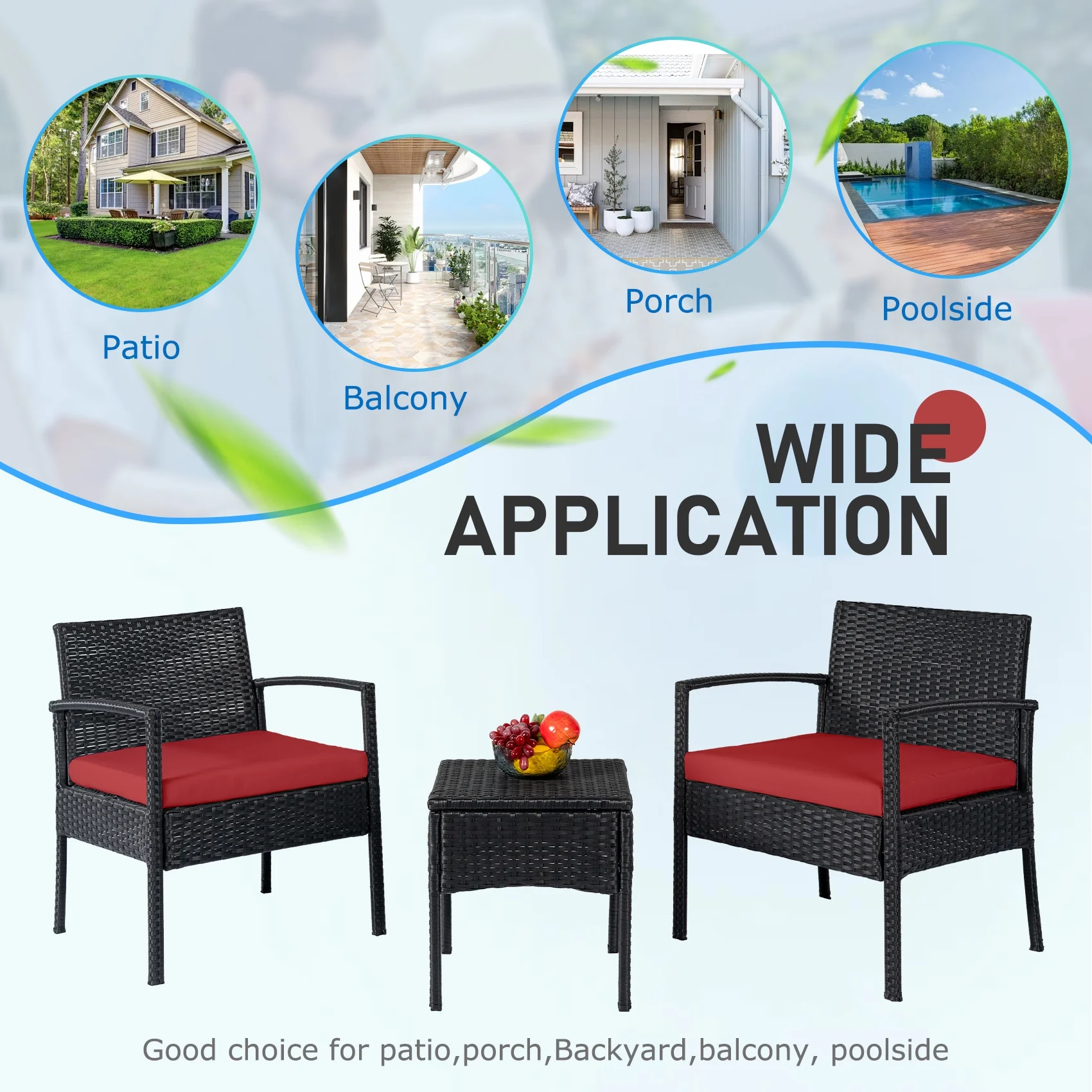 Tappio Outdoor Furniture 3 Piece Patio Bistro Furniture Set, Rattan Conversation Chairs Set with Side Table and Cushions, Patio Furniture Sets for Balcony Garden Porch, Red