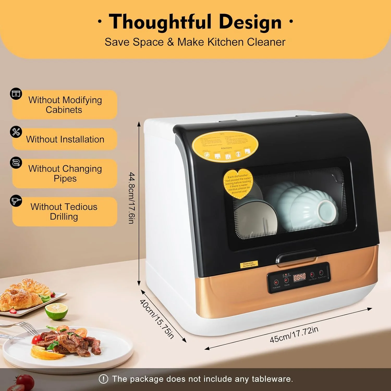 1200W Kitchen Countertop Dishwasher, Portable Mini Dishwashe 360- Streak-Free Deep Cleaning, 4 Washing Programs Automatic Dish Washing Machine for Home, Apartment, Black