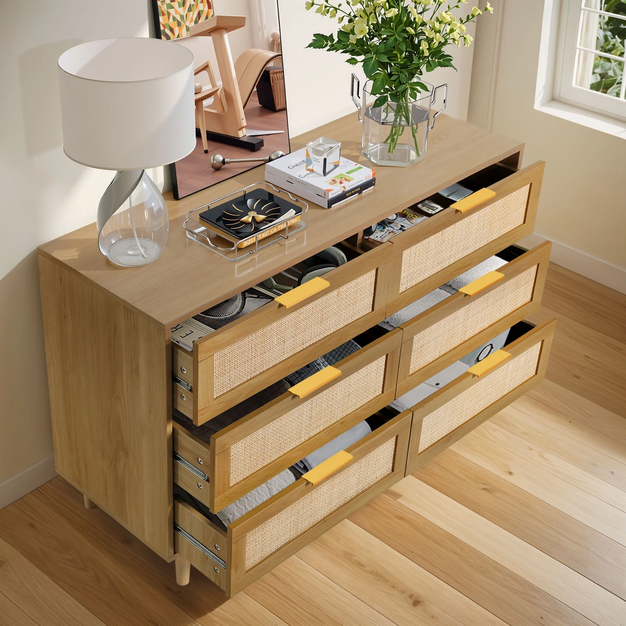 LAZZO 3 Modern Drawer Dresser Rattan, Wooden Dresser Chest of Large Storage Cabinet