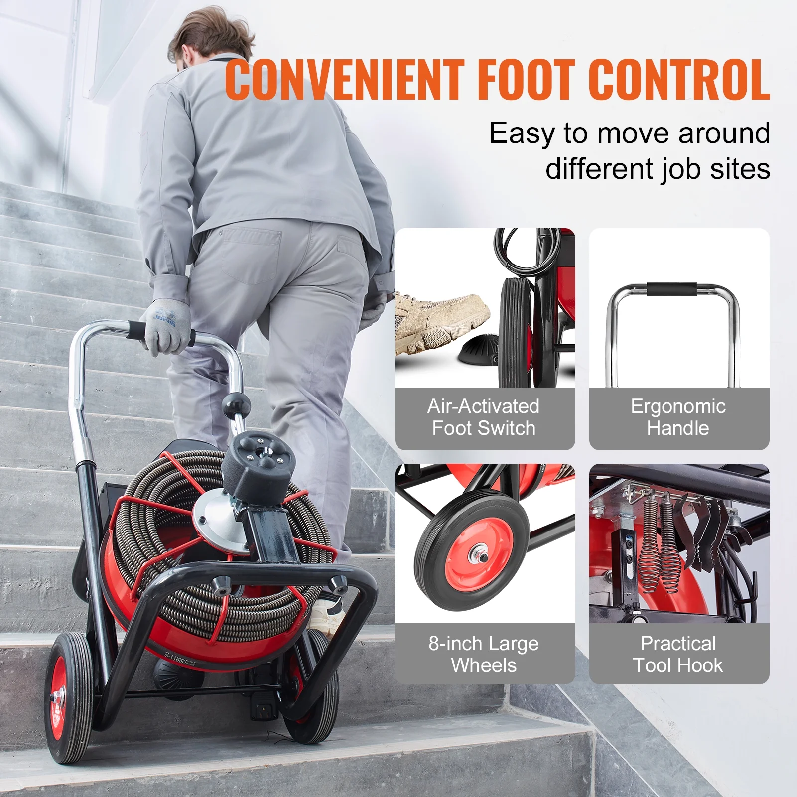 VEVOR Drain Cleaner Machine 100FT x 1/2 Inch, Auto Feed Sewer Snake Auger on Wheels, 550W Portable Drain Cleaning Machine with 8 Cutters & Air-activated Foot Switch for 2" to 4" Pipes