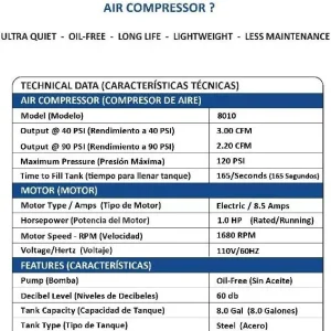 Air Tools 8010 Ultra Quiet Oil-Free Air Compressor, 1.0 HP, 8 Gallon, 120 PSI, 60 dB Noise Level