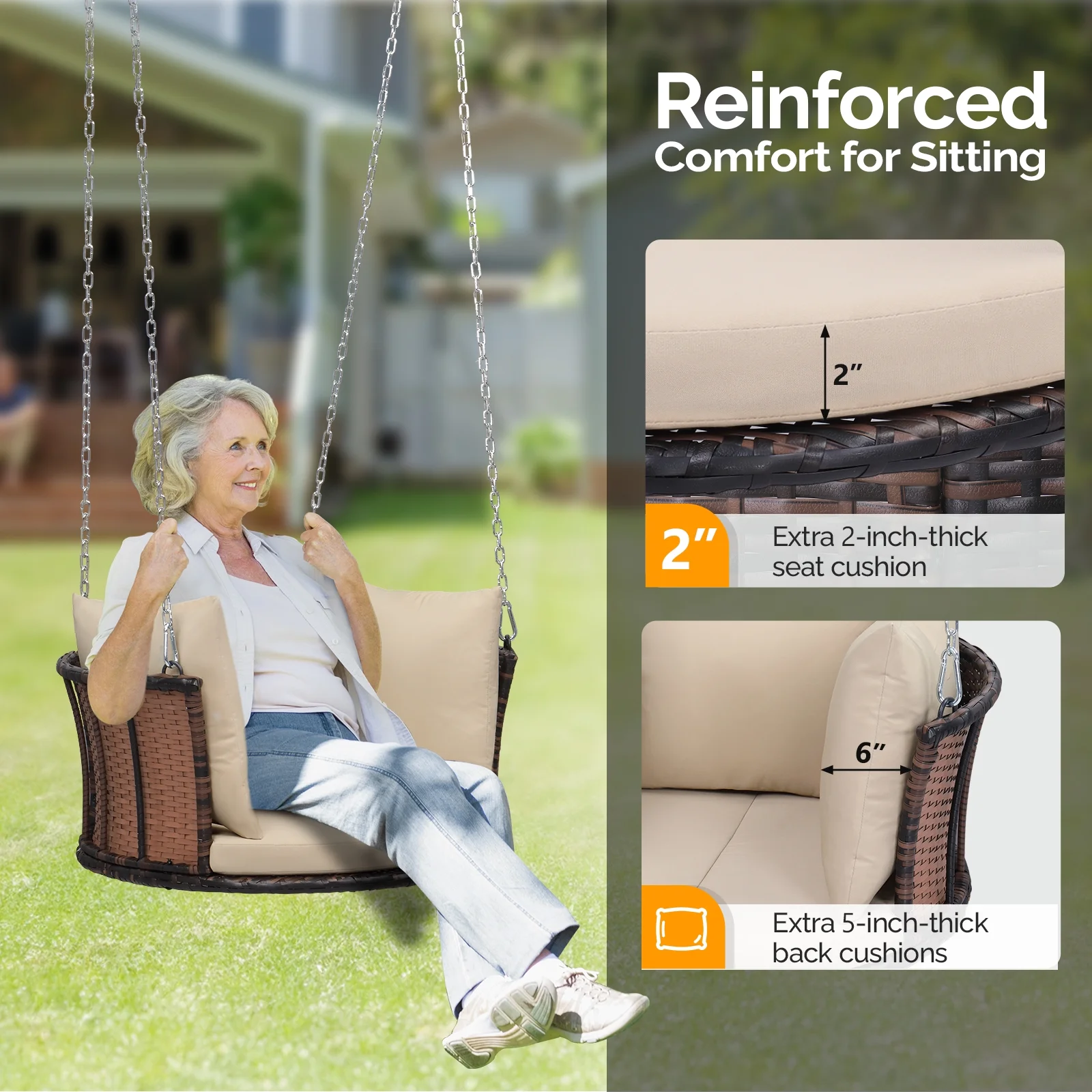 Zimtown Patio Rattn Wicker Swing, Outdoor Bench w/ Blue Cushion, Outdoor Seat Garden Swing for 2 Person