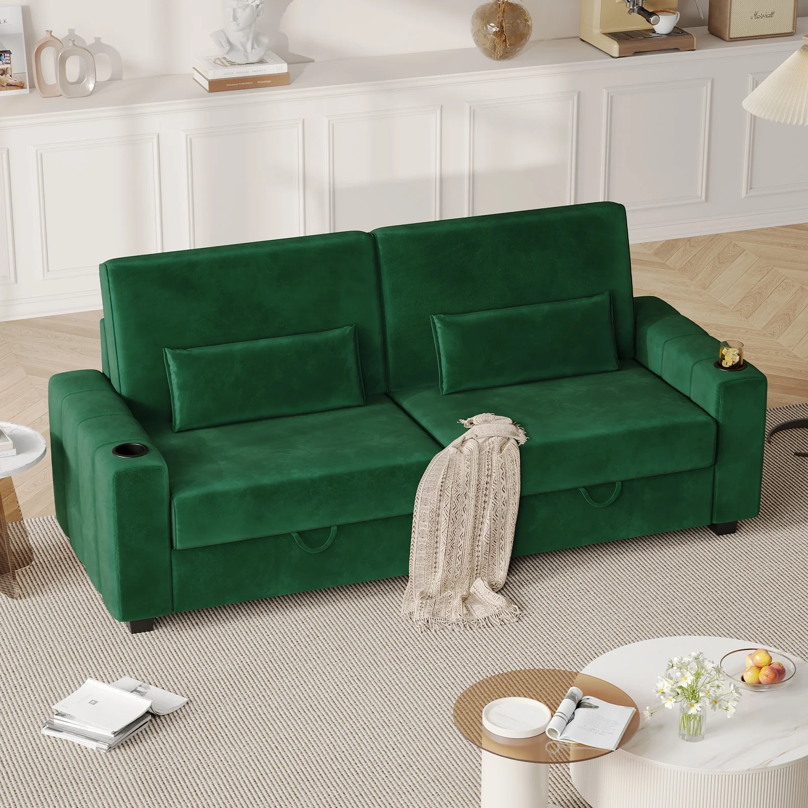 87-Large Loveseat Sofa, 3 Seater Couch with Storage, Velvet Fabric Deep Seat Sofa with Pillow& Cup Holders, Modern Comfy Sofa with USB& Type-C Ports, Home Sofa Couch for Living Room Bedroom
