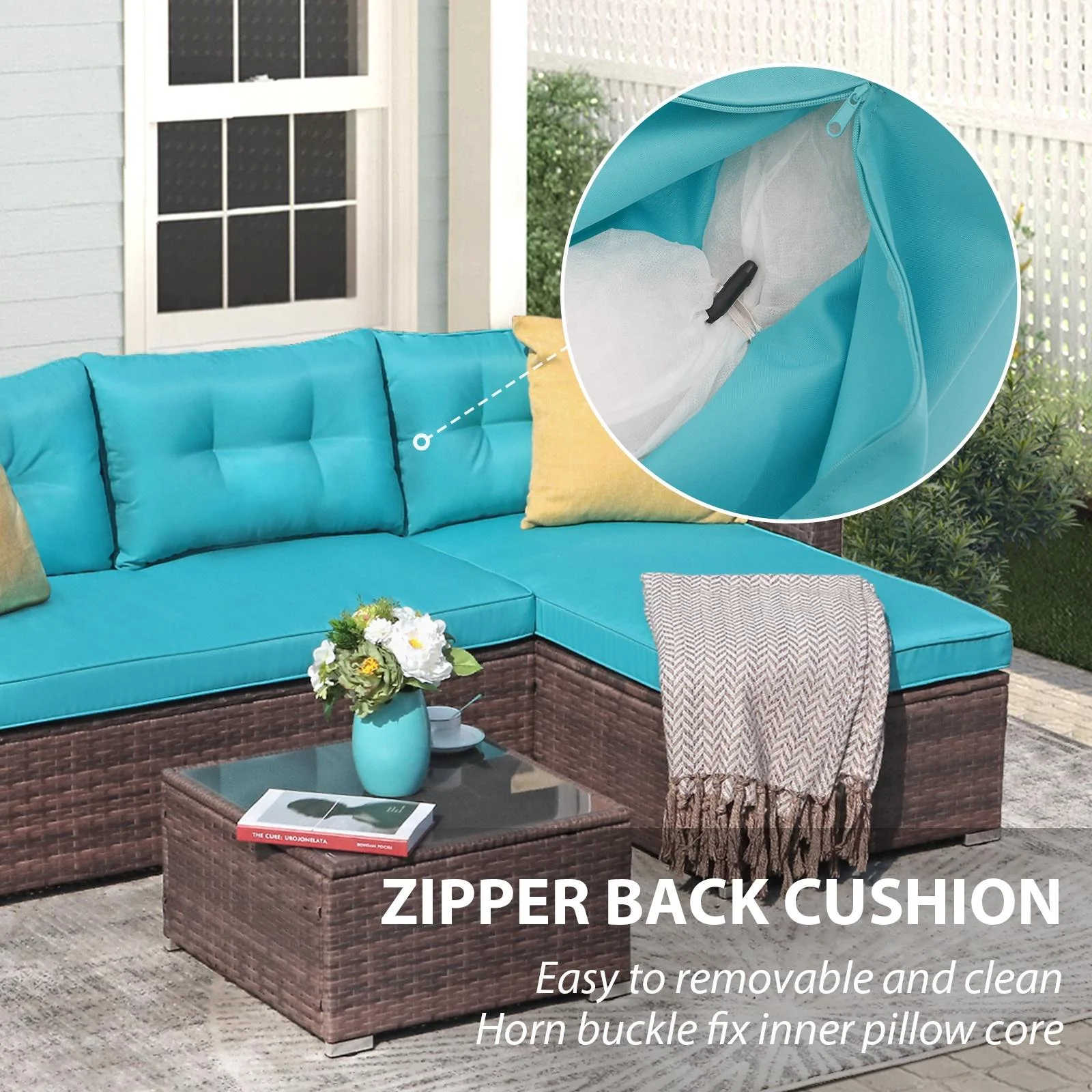 JOIVI 3 Pieces Patio Conversation Set, PE Wicker Rattan Outdoor Furniture Set, 2 Ways Small Sectional Sofa, Tempered Glass Coffee Table, Silver-Gray