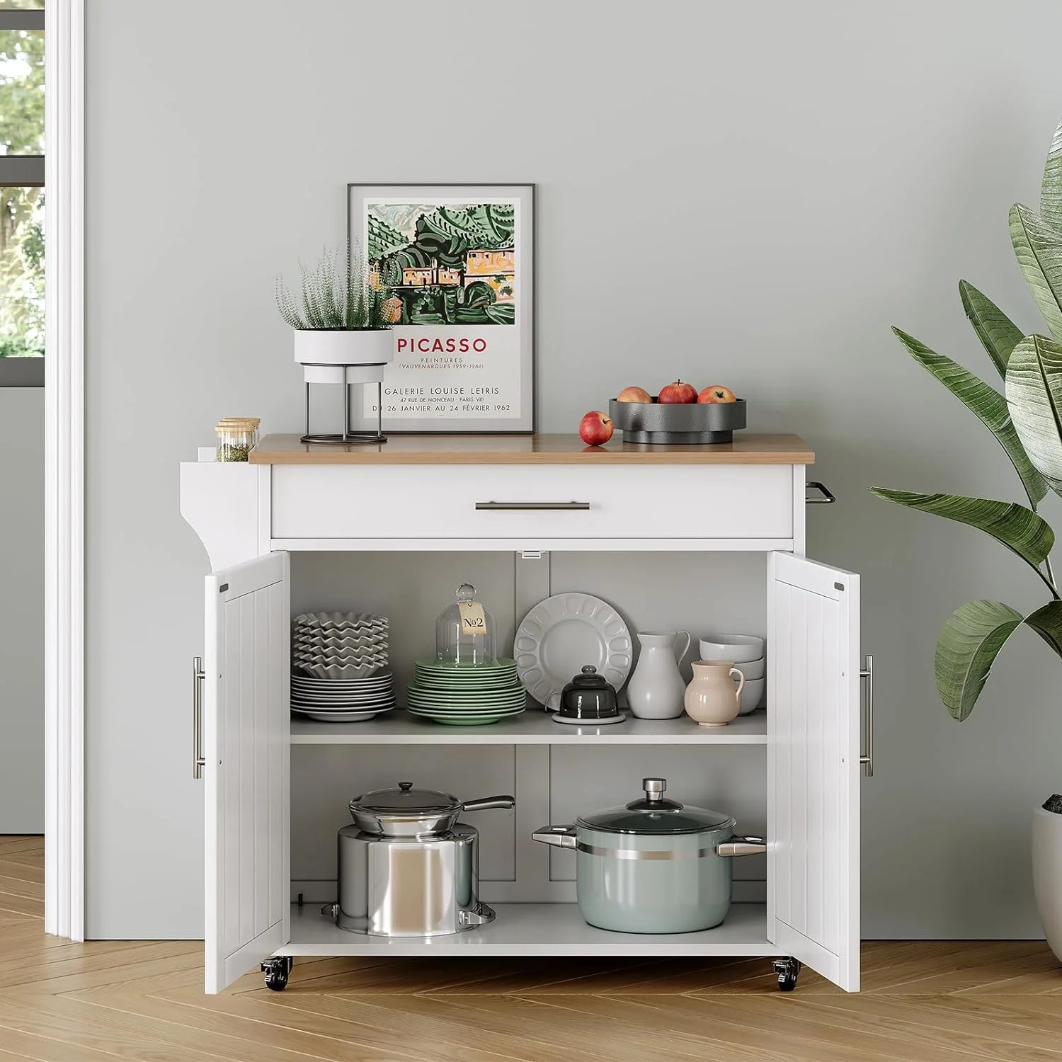 Soscana Kitchen Island Storage,Rolling Kitchen Island with Wheels,Kitchen Cart with Storage Rack & Drawer,Solid Wood Countertop,Kitchen Kitchenware Storage Rack Operation Console,White