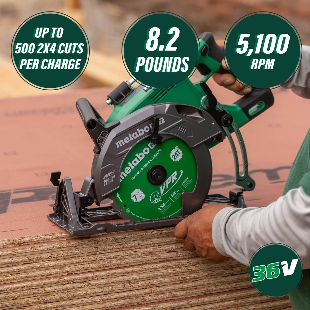 Metabo HPT 36V MultiVolt 7-1/4 Inch Rear Handle Circular Saw, Lightweight Design, Up to 500 2x4 Cuts Per Charge, 53- Adjustable Bevel Capacity, Lifetime Tool Body Warranty, C3607DWA