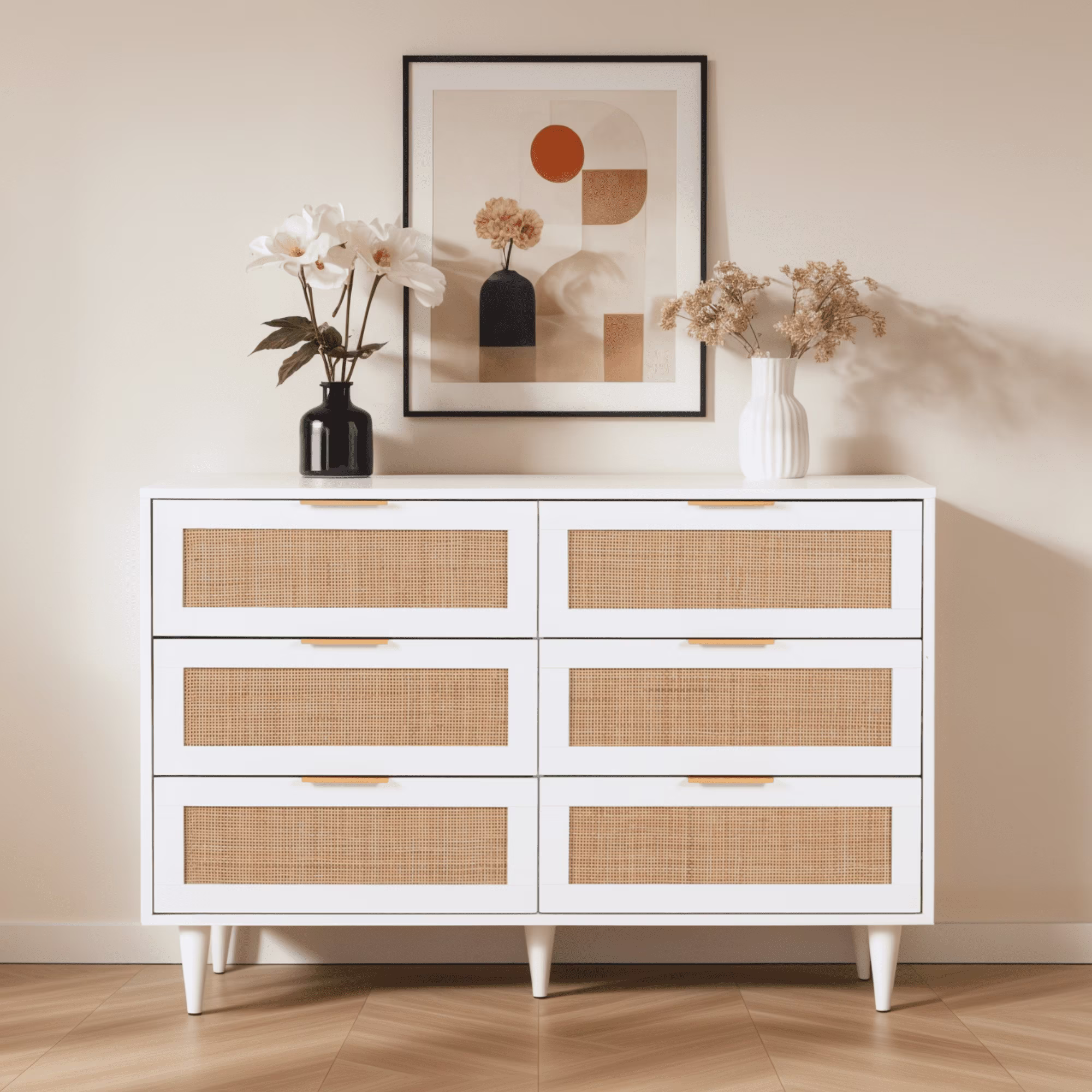 LAZZO 3 Modern Drawer Dresser Rattan, Wooden Dresser Chest of Large Storage Cabinet