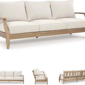 Signature Design by Ashley Clare View Coastal Outdoor Patio Eucalyptus Sofa with Cushions, Beige