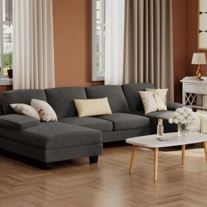 Furmax Sectional Couches for Living Room, U-Shaped Sofa Couch with Linen Fabric, 4 Seat Sofa Set with Double Chaise for Apartment (Fabric, Grey)