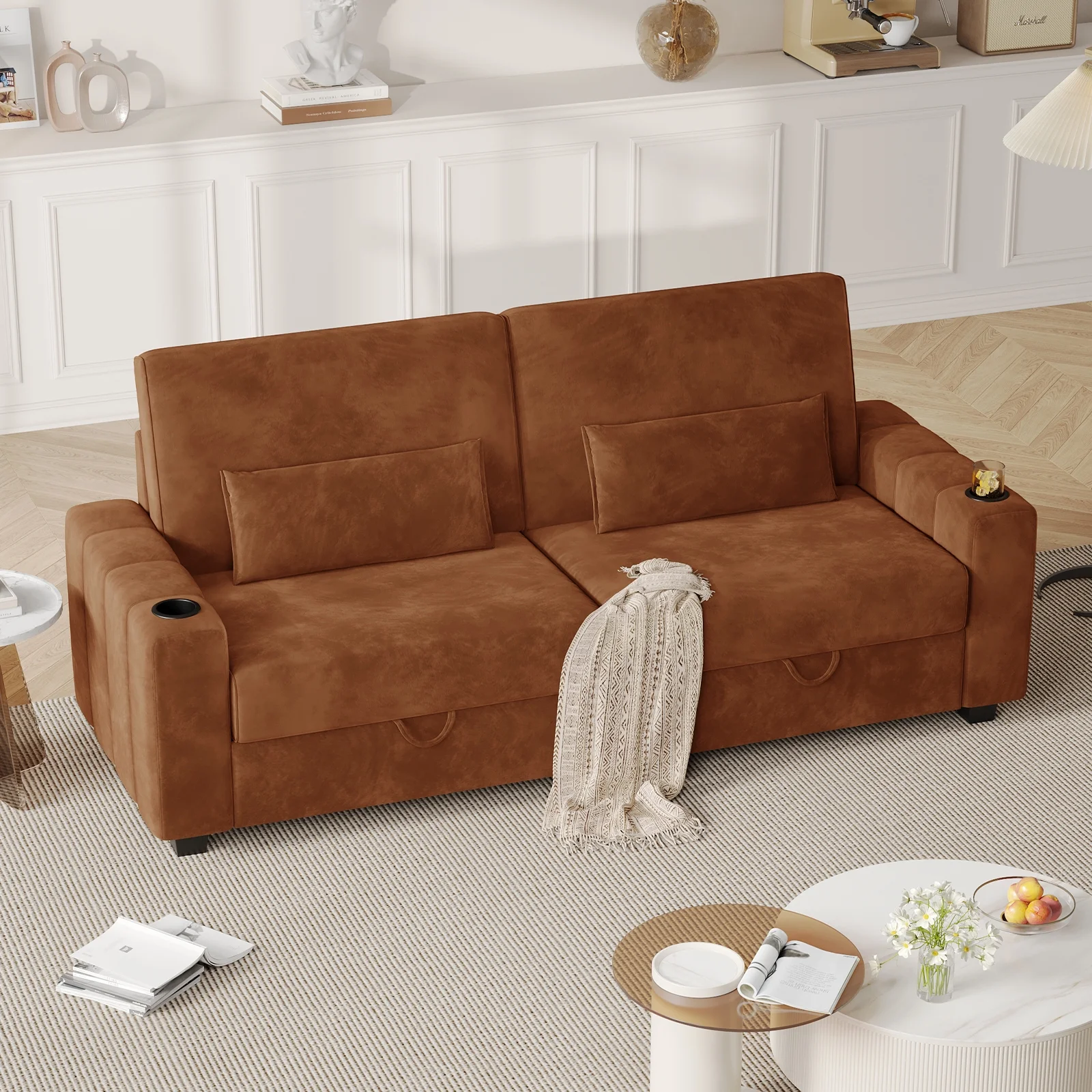 87-Large Loveseat Sofa, 3 Seater Couch with Storage, Velvet Fabric Deep Seat Sofa with Pillow& Cup Holders, Modern Comfy Sofa with USB& Type-C Ports, Home Sofa Couch for Living Room Bedroom