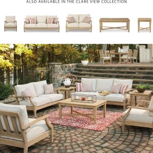 Signature Design by Ashley Clare View Coastal Outdoor Patio Eucalyptus Sofa with Cushions, Beige