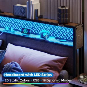 Bestier Queen Size Platform Bed Frame with Wood Foldable Bedside Shelves and LED Storage Headboard Charge Station, Gray